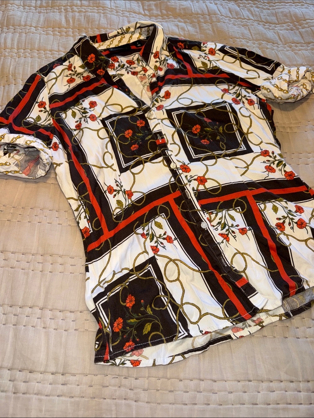 Womens White Floral Print Button-Up Blouse with Red and Black Accents
